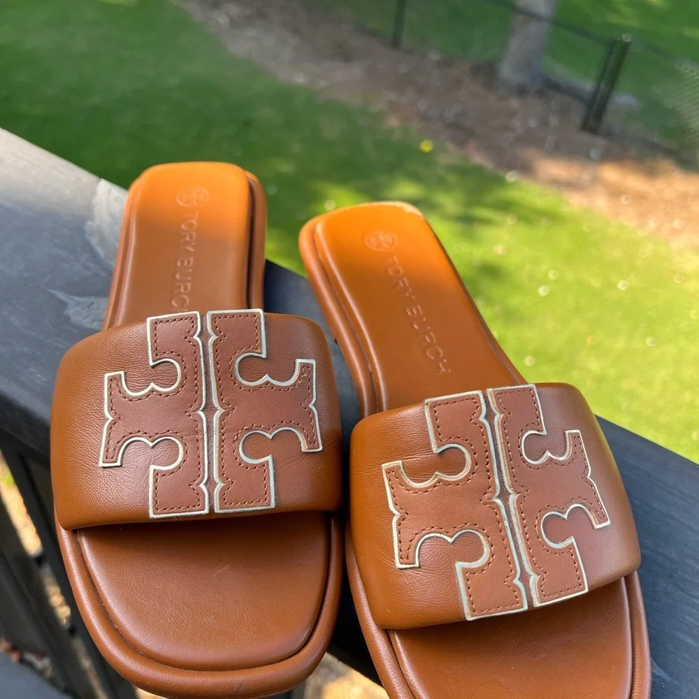 Tory Burch Tan Slide Sandals with Embossed Detailing. #30